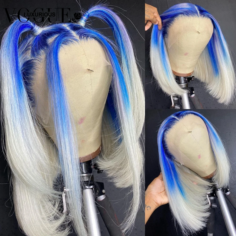 

4x4 Closure Glueless Ombre Colored Short Bob Wig Blue White Brazilian Virgin Human Hair 13x4 13x6 Lace Front Wigs for Women