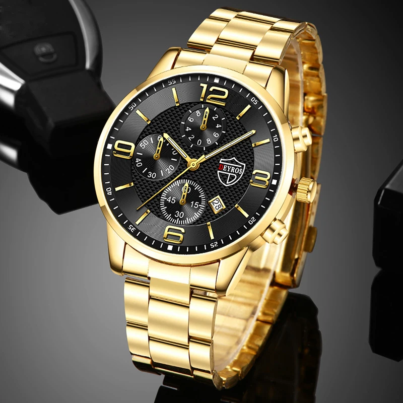 Luxury Gold Mens Watches Stainles Steel Quartz Male Wristwatch Male Sport Leather Watch Calendar Luminous Men Clock montre homme