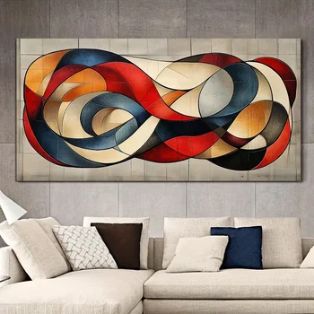1 pezzo Grande Arte Murale Geometrica Astratta Moderna - Tela Testurizzata Blu Rosso Arancione Beige, Senza Cornice Minimalista Orizzontale/Verticale L