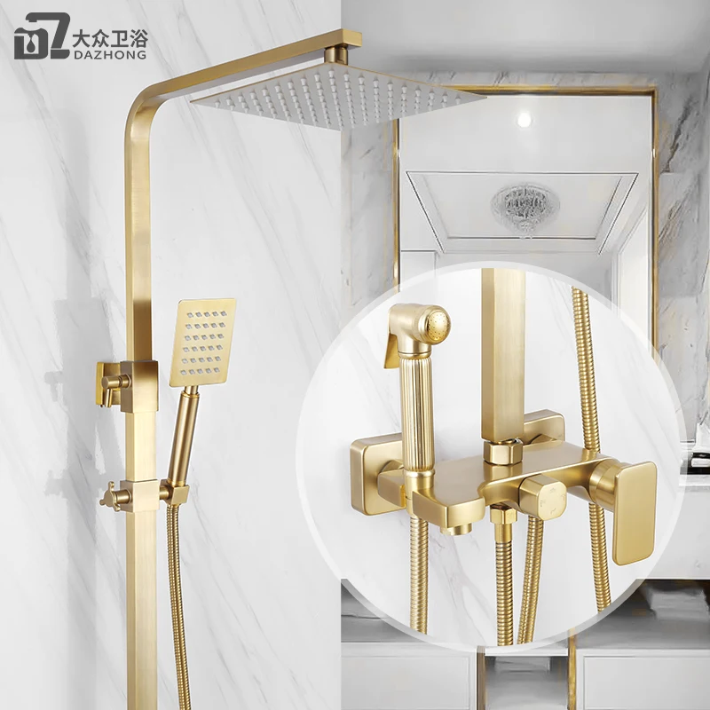 

Drawn gold shower set household simple luxury shower bathroom copper pressurized constant temperature.