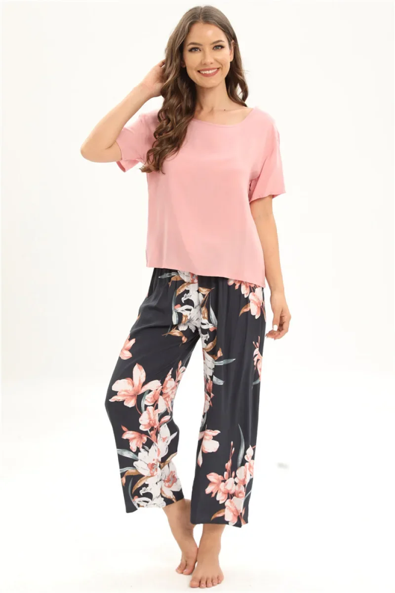 

Женский пижамный комплект из 2 предметов, вискозная Пижама с цветочным принтом, одежда для сна, весенне-летние брюки с коротким рукавом, женская пижама, домашняя одежда