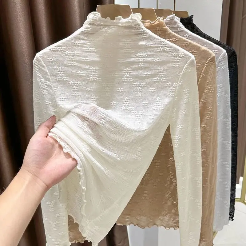 

Черная кружевная нижняя рубашка с полувысоким воротником для женщин на осень 2023, с высокой чувствительностью и модным воротником с длинным рукавом