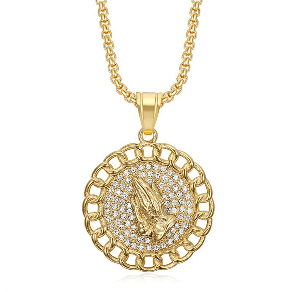 

Hip Hop Iced Out Praying Hands Pendant Male Gold Color Stainless Steel Cuban Chain Necklace For Men Jewelry Wholesale