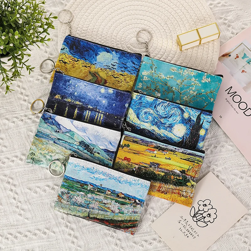 PU Leather Coin Purse Van Gogh painting Small Change Money Bags Key Holder Case Wallet Zip pouch 12 Piece