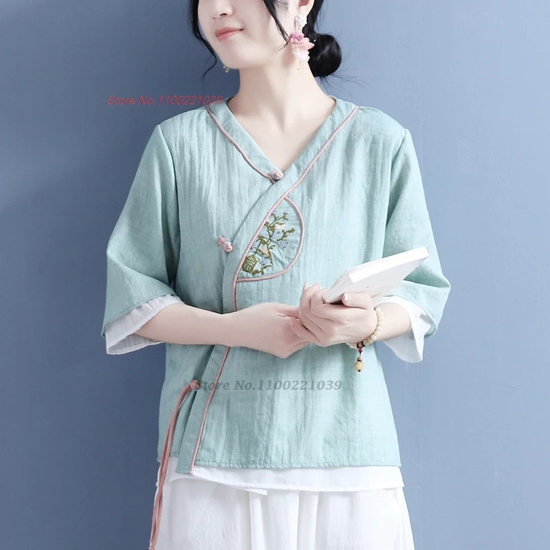 

2024 chinese vintage blouse retro hanfu tops national flower embroidery double layers cotton linen blouse ethnic v-neck blouse