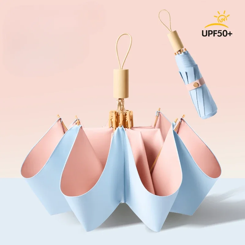 Wooden Umbrella 8 Ribs Solid Color Automatic Folding Rain Sun Protection UV Advanced Sensing Female Parasol Shade Accessory
