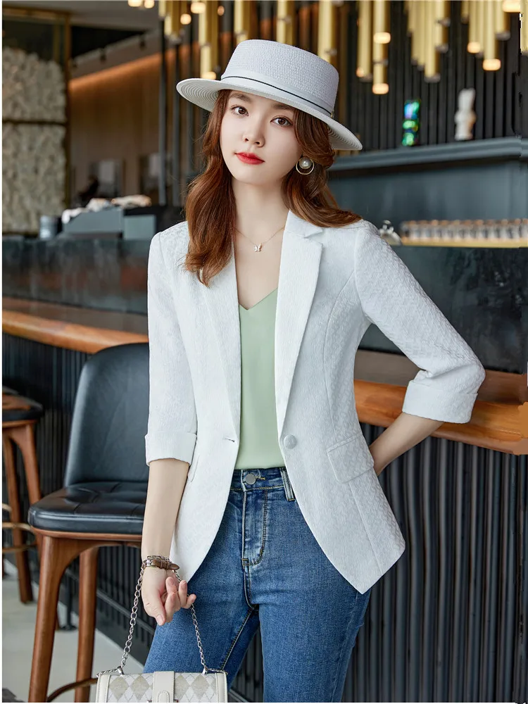 용수철 여름 여성 코트, 반팔 세트, 오피스 레이디 오버코트, 여성 블레이저, 얇은 화이트 탑 가디건, 2024 신상 패션
