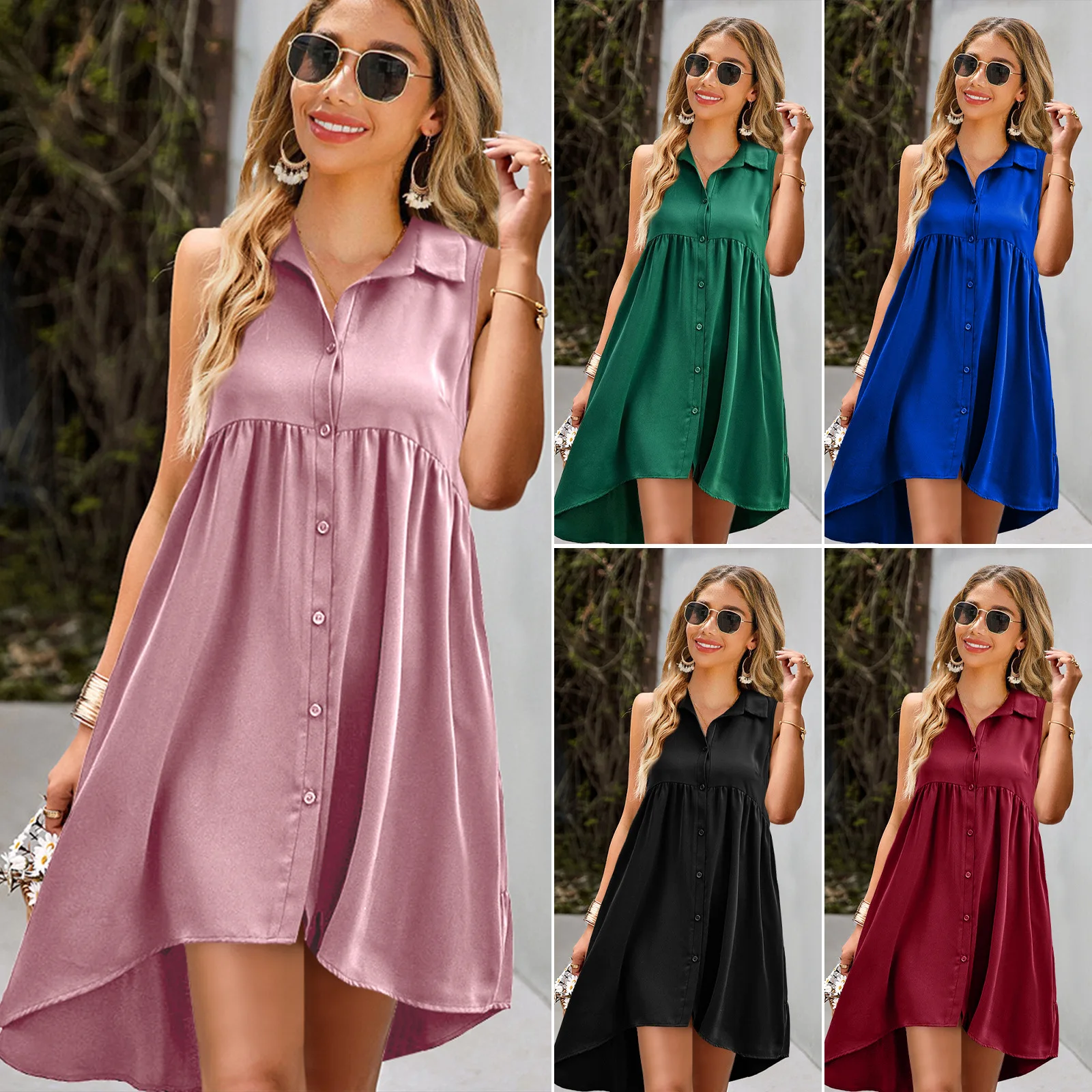 

ELIJOIN2023 Solid Color Lapel Dress Sleeveless In Summer, Short In Front and Long In Back, Elegant A-shaped Skirt.