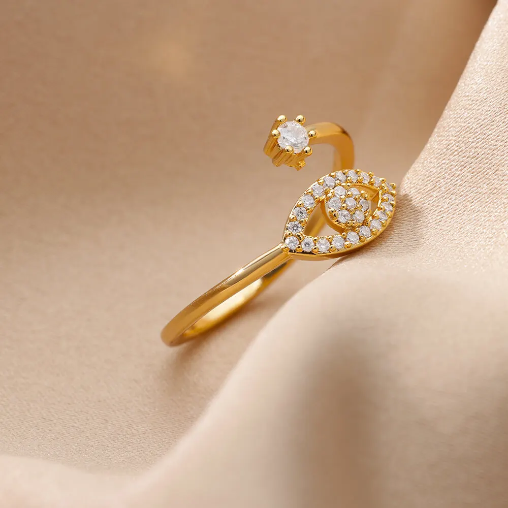 Anello Malocchio Regolabile Donna – Placcato Oro 14k, Con Zirconi, Design Aperto