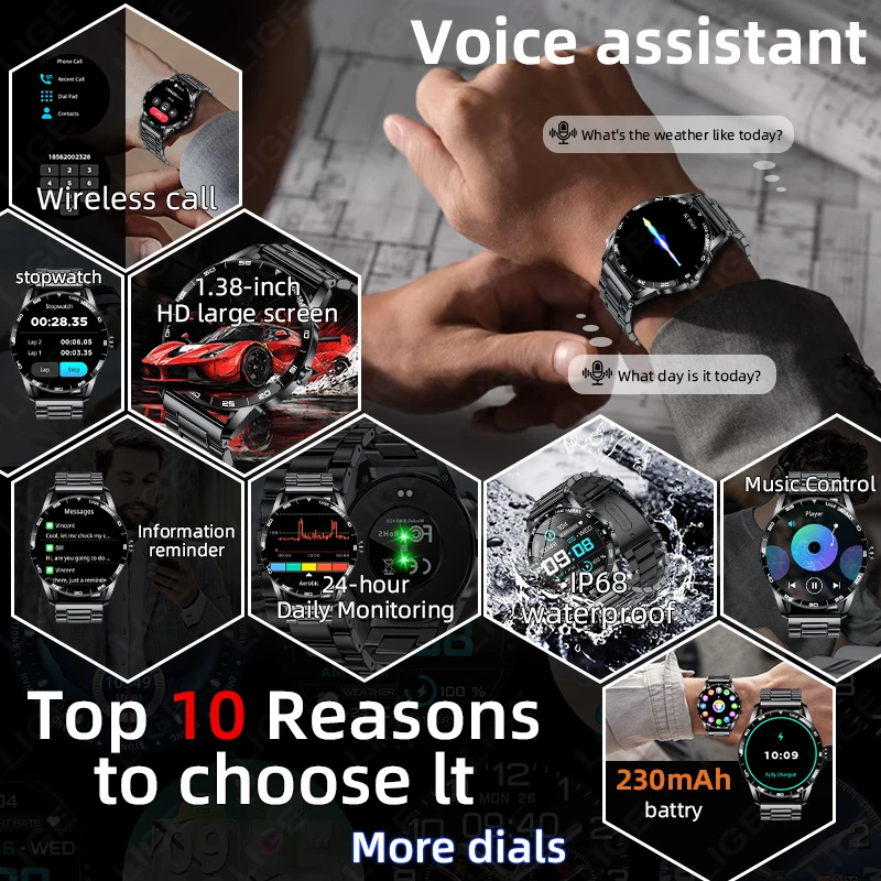 LIGE New Voice Calling Smart Watch For Men Women IP68 Waterproof 1.38" HD Display Health Fitness Tracking Bluetooth Smartwatch