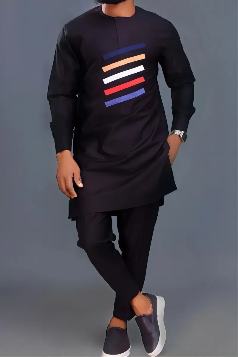 Dashiki Hot Selling Muslim Ethnic Style Four Seasons Youth Round Neck Matching Color Stripes Men's Casual Slim Long Sleeve Suit