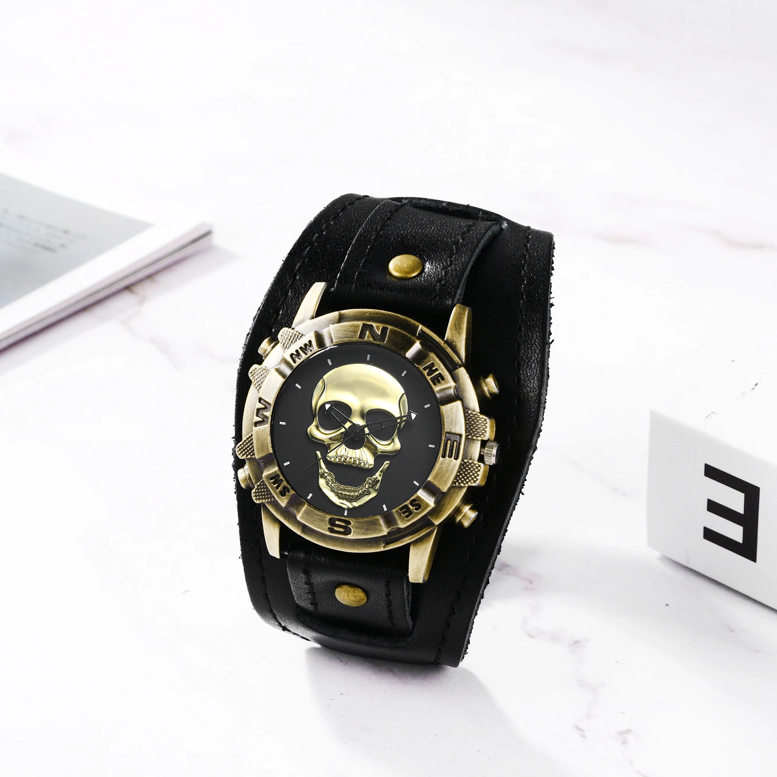 LANCARDO Men's Analog Quartz Watch Halloween Punk Motorcycle Leather Watch Retro Sports Casual Wide Leather Watch Skeleton Decor 2