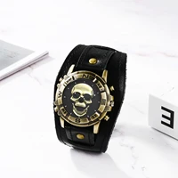 LANCARDO Men's Analog Quartz Watch Halloween Punk Motorcycle Leather Watch Retro Sports Casual Wide Leather Watch Skeleton Decor 2
