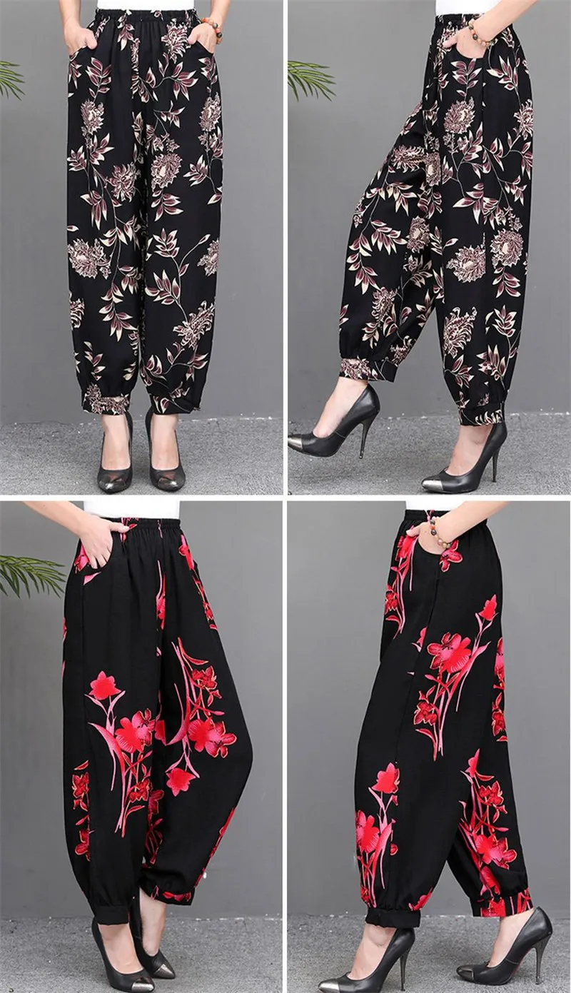 Cotton Silk Pants Women New Spring Summer Elastic High Waist Harem Pants Fashion Printed Casual Wide Leg Pants Female Trousers