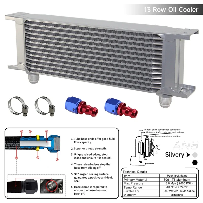 

Универсальный Масляный радиатор 13 рядов 8AN, серебристый/черный, 3/4 дюйма, неуклонный двигатель 16 с 2 штуками фитингов