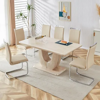 Modern Wooden Dining Table Set for6,Rectangula Kitchen Table Set with Faux Marble Tabletop＆6 Pu Leather Upholstered Chairs Ideal