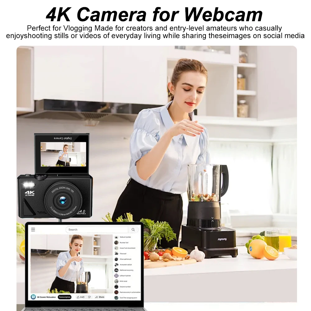 4K HD 64MP Digital Photography Camera 18X Digital Zoom Compact Camera 180° Flip Screen Vintage Vlog Video Recorder AC610