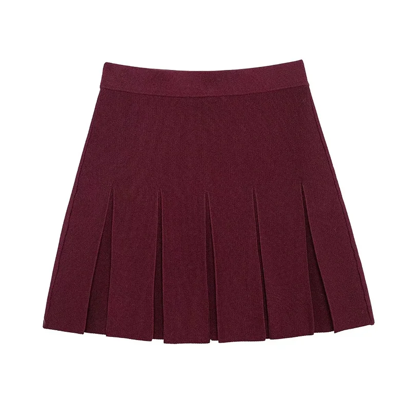 _ Women Skirts 2 Piece Set Burgundy Knitted Lapel Long Sleeve Button Cardigans Pleat High Waist A-line Skirt 2025 Lady Outfits