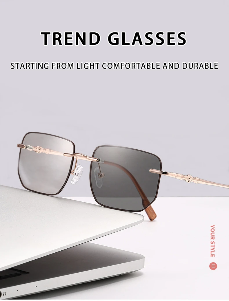 Lichtempfindliche, farbwechselnde, randgeschnittene, modische Anti-Blaulicht-Rahmenlose Metallrahmen-Myopiebrille für Seniorenstudenten 3325 – Detail 1