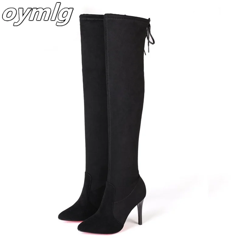 Pointed high heeled knee length boots for women in autumn 2023, new plush slim heeled boots for women in leather boots