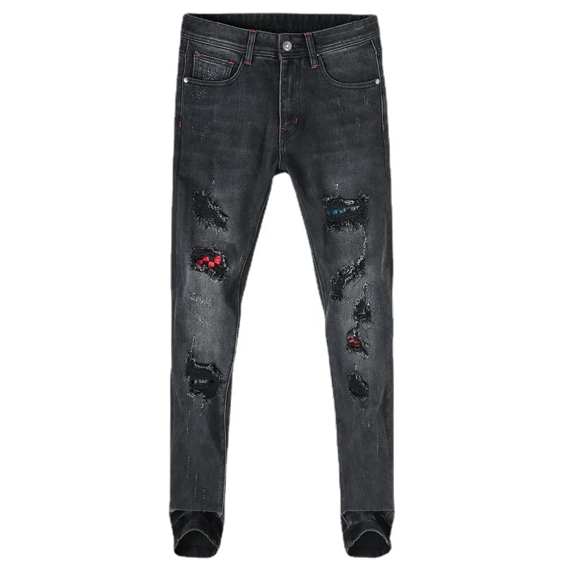 High Street Fashion Men Jeans Retro Black Gray Elastic Stretch Skinny Ripped Jeans Men Red Plaid Patched Designer Hip Hop Pants