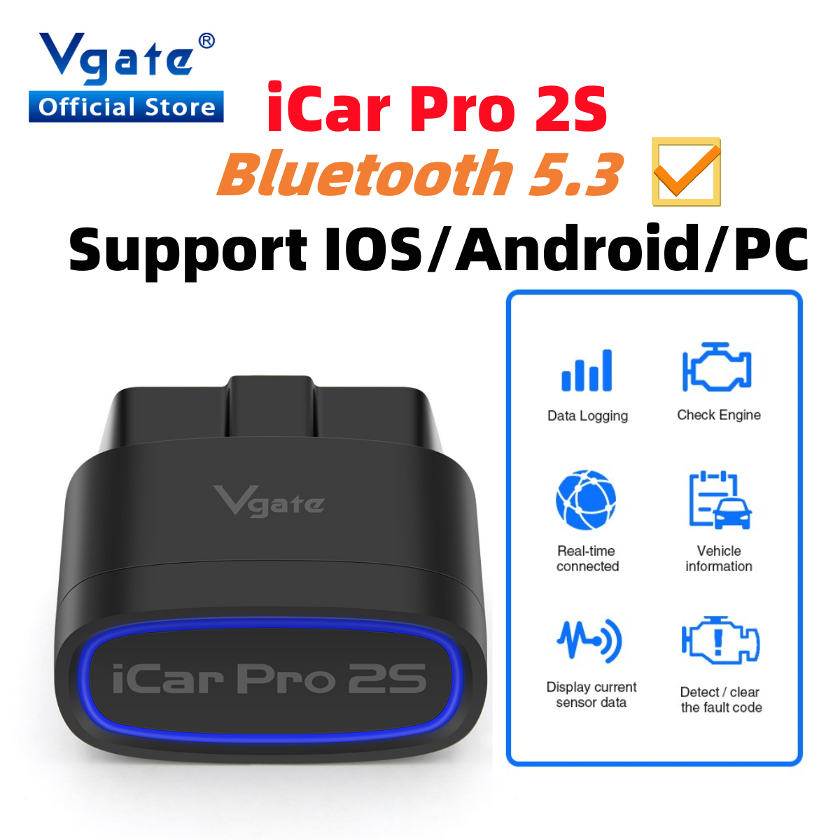 New Vgate iCar Pro 2S ELM327 Bluetooth 5.3 for Android/IOS/PC OBD2 Car Diagnostic Tool elm 327 Upgraded OBD 2 V2.3 Auto Scanner