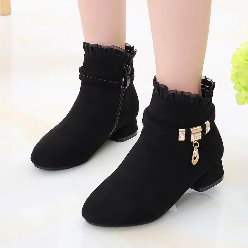 Black Ankle Boots with Rhinestone Buckle for Girls