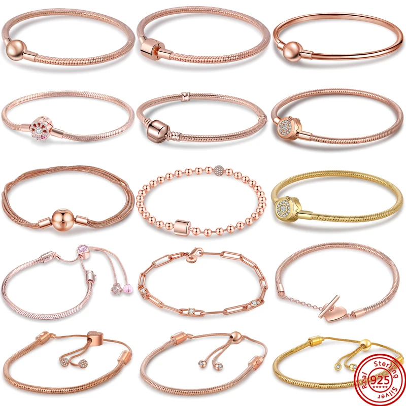 

100% 925 Sterling Silver Pink Fan Chain Buckle Snake Bone Chain Bracelet Fit Original Charms DIY For Women Jewelry