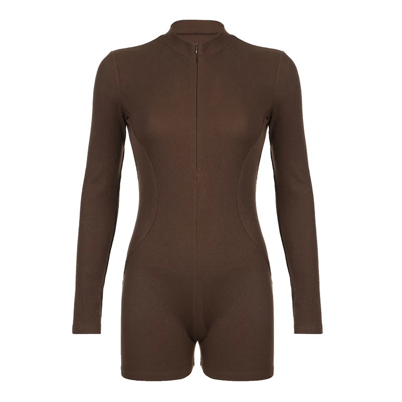 BIIKPIIK Casual Brown Skinny Playsuits For Women Concise Zip Up Body-shaping Rompers Autumn Basic Fitness Elegent Outfits Sexy