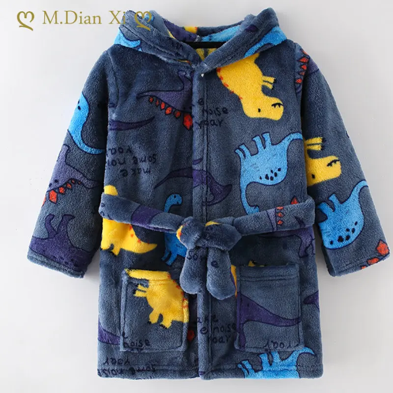 Cartoon Children's Robe Flannel Baby Bathrobe Long Sleeve Hooded Kids