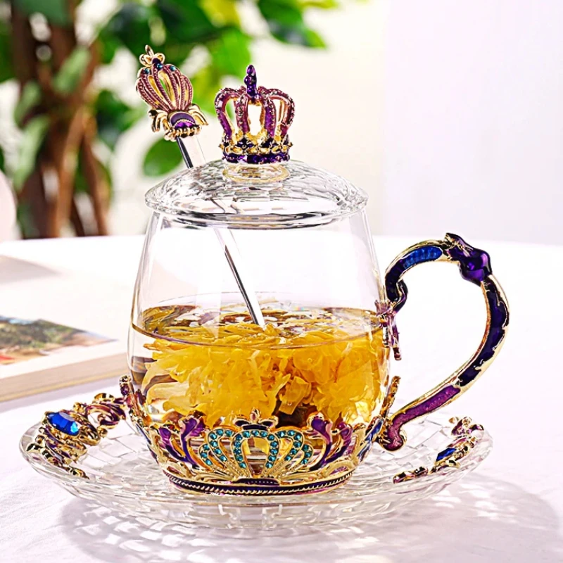 Enamel Crystal Glass Mug with Spoon Heat Resistant Flower Tea Cup Home Perfect Breakfast Drinkware Gift Artisan Teaware