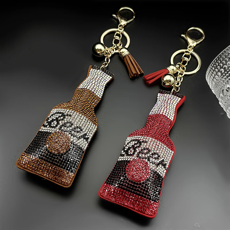Bier- und Weinflaschen-Schlüsselanhänger für Damen und Herren, vollständig mit Kristall-Strass besetzt, mit Quaste, für Weinliebhaber, lustiger Autoschlüsselhalter, Schmuck-Accessoire
