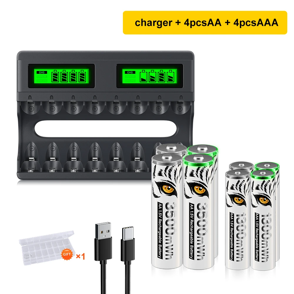 Pallus Kit 4 Batterie Ricaricabili AA 3500 MWh + 4 AAA 1100 MWh Con Caricabatterie Rapido Da 2 Ore, Fino A 1600 Cicli