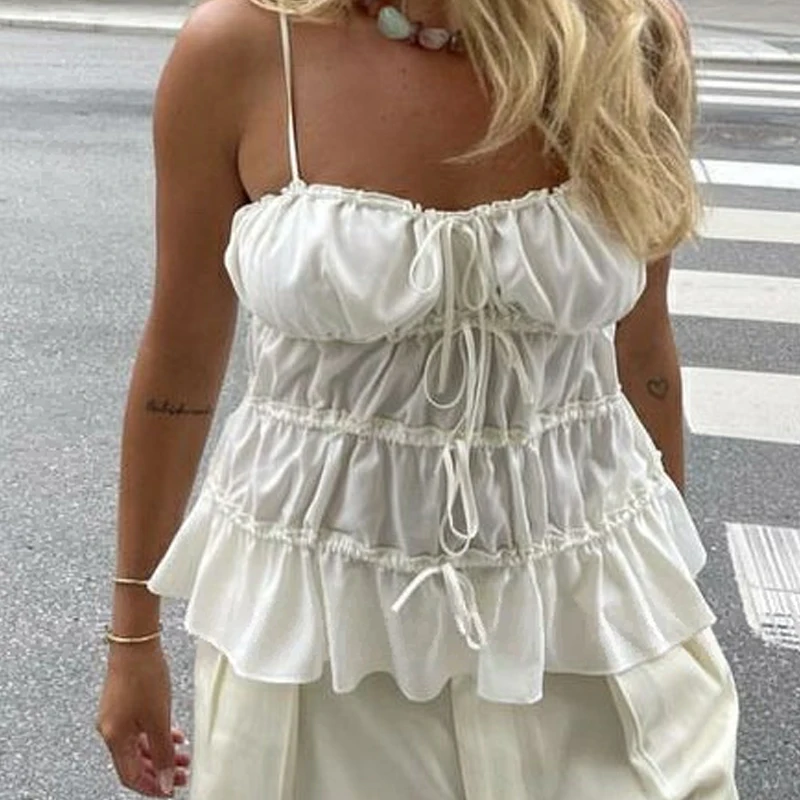 Women's Y2K Vintage Babydoll Tank Top - Lace Trim, Bowtie Front Peplum, Spaghetti Strap Cami For Going Out - View #10
