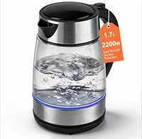 Bouilloire électrique en verre 1,7 L, 2200 W, bouilloire à ébullition rapide avec lumière LED bleue, arrêt automatique et protection contre l'ébullition à sec, bouton de filtration pour ouvrir le couvercle, verre transparent, conception sans fil 1