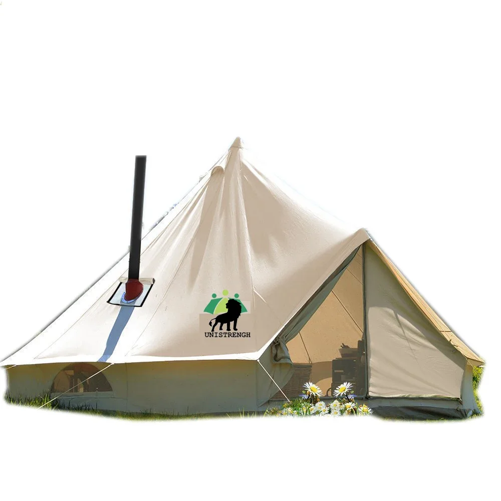 

4-Season Waterproof Cotton Canvas Large Family Camp Beige Color Bell Tent Hunting Wall Tent With Roof Stove Jack Hole