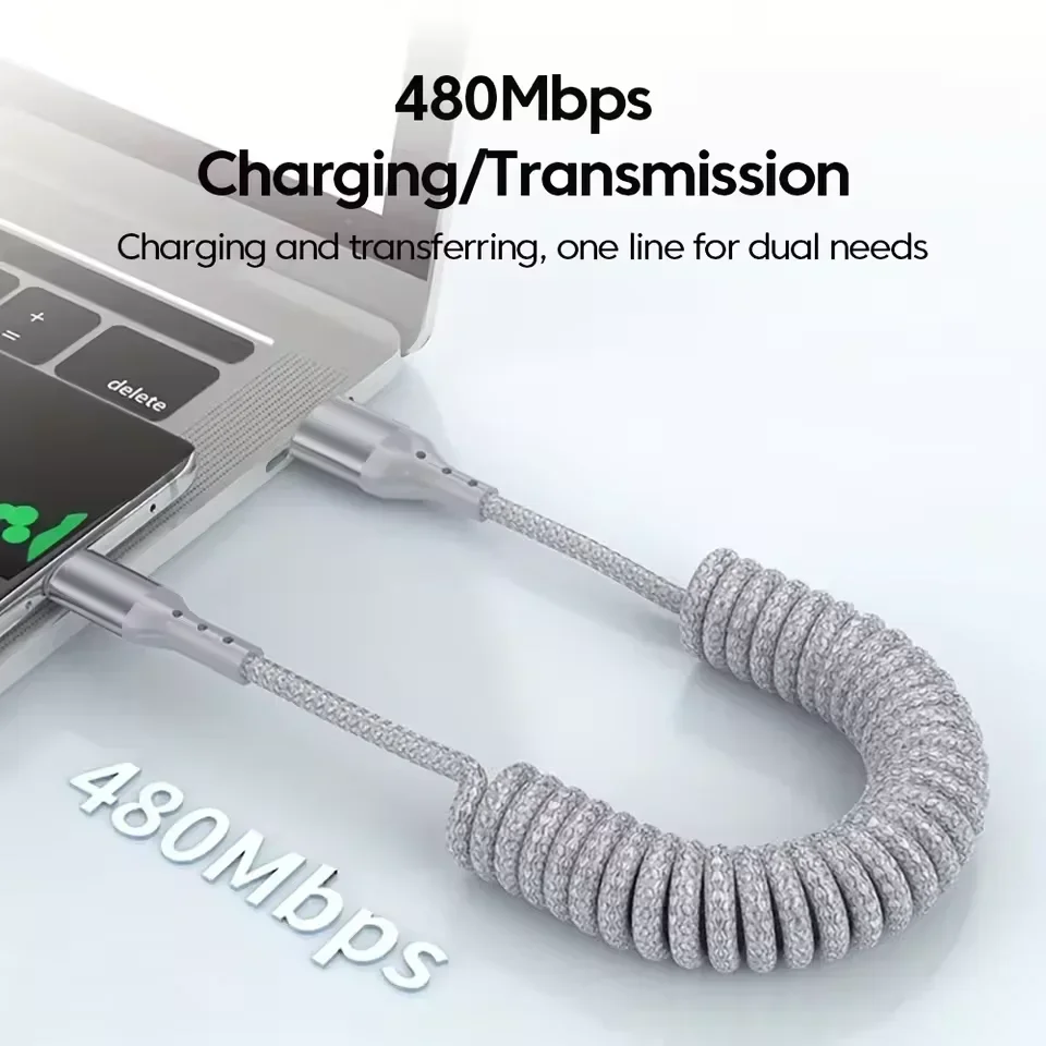 รูปสินค้า สายชาร์จสปริง USB-C 25-150 ซม. ชาร์จเร็ว 100W สำหรับมือถือ