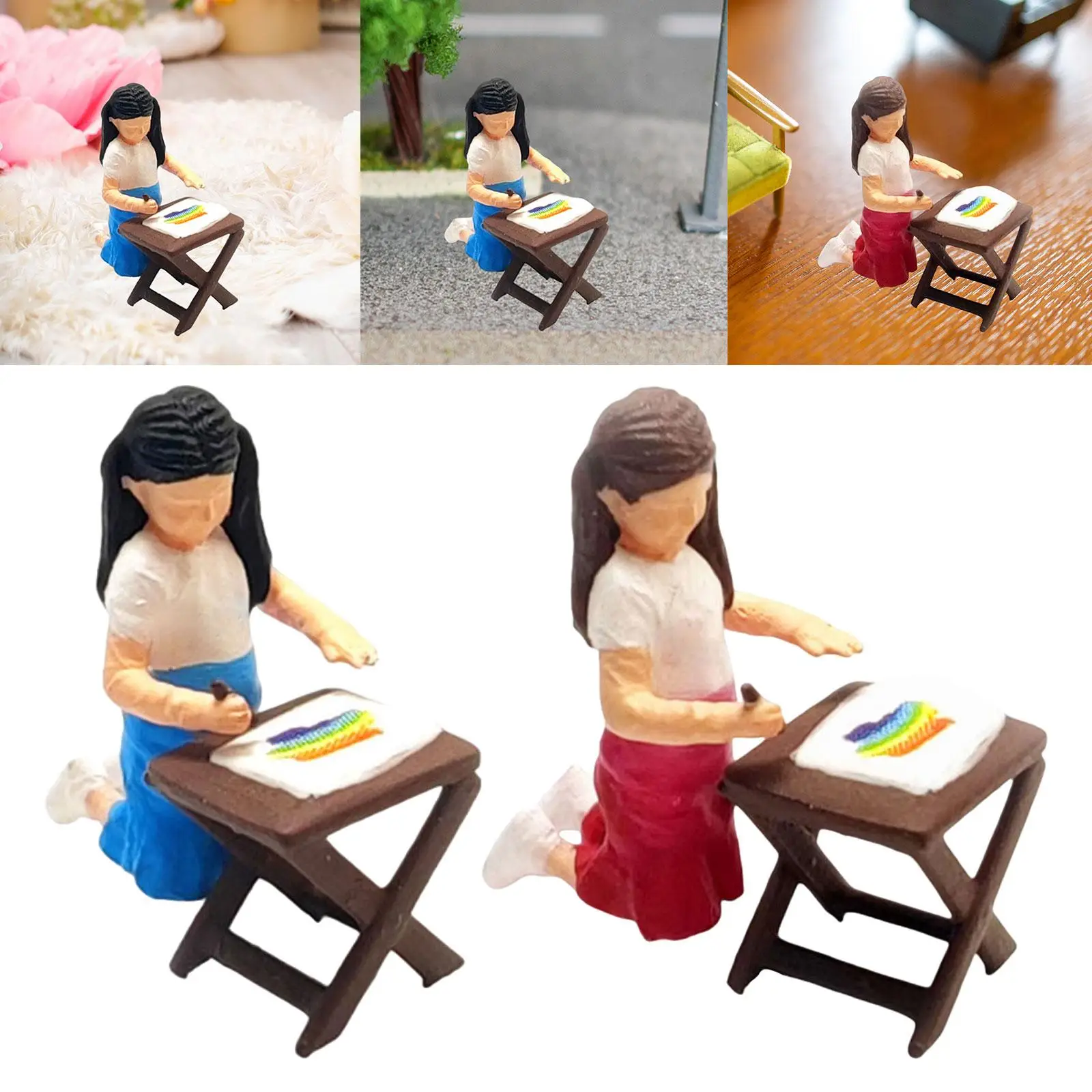 1/64 Scale People Figures Creative Drawing Girl Figure Collection for Miniature Scene Diorama Photography Props Dollhouse Decor