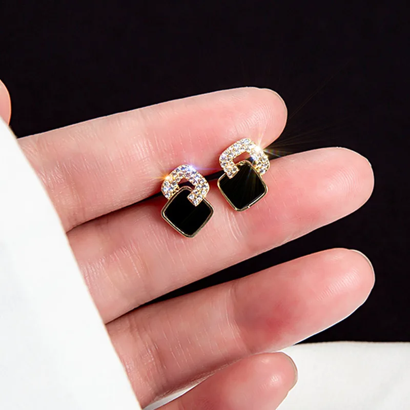 Korean Style Black Zircon Stud Earring For Women Shiny