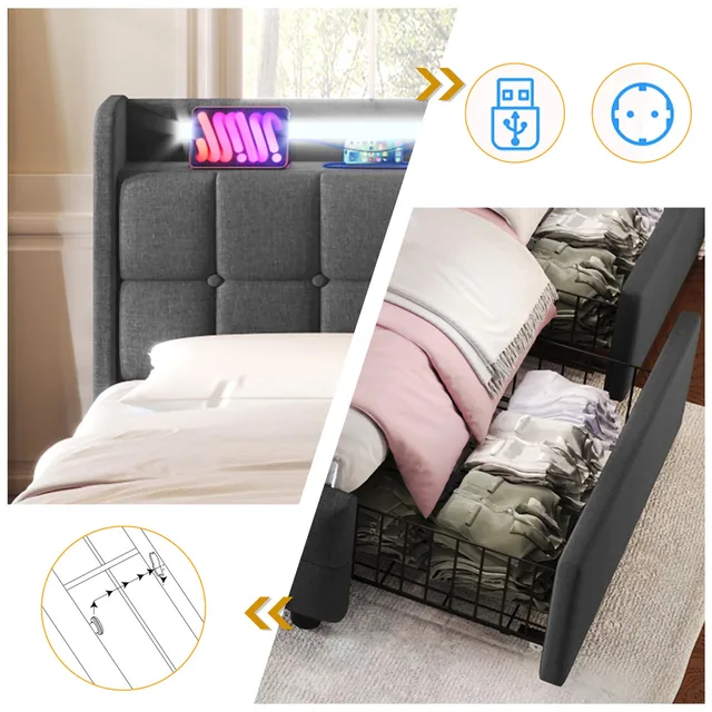 160x200cm Double Bed, Upholstered Bed Wooden Slatted Frame Gray Linen Cover with USB Charging, LED Lighting and 4 Drawers - Image 4