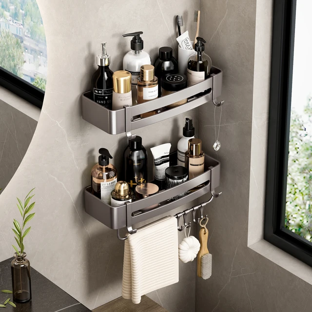 Bathroom Wall Mount Cosmetic Shelf No-Punching Rotating Storage Racks Shower  Caddy Organizer With Hooks Kitchen Bath Accessories - AliExpress