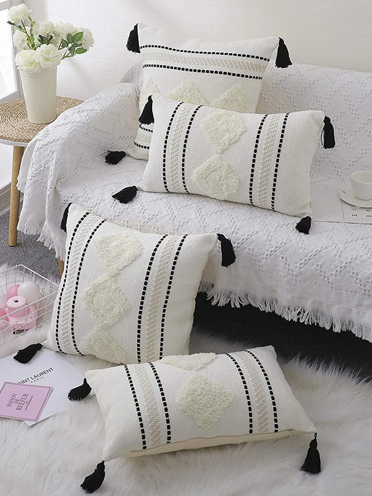 Getufteter Kissenbezug, 45 x 45/30 x 50 cm/50 x 50 cm, weiß, schwarz, Kissenbezug, gewebte Quasten, für Zuhause, Schlafzimmer, Wohnzimmer, Dekoration – Detail 1