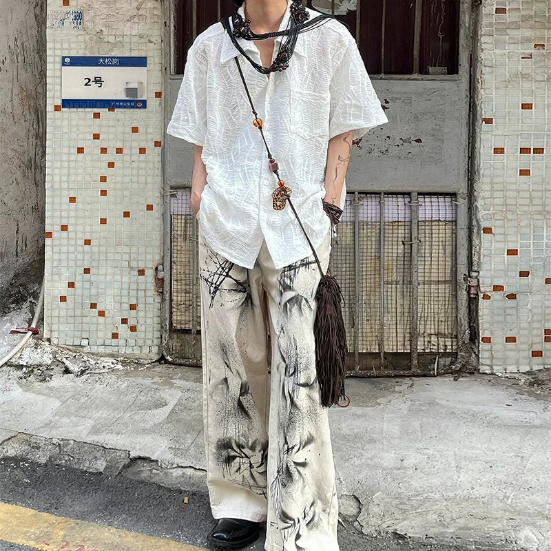 

Рубашка Y2K мужская с воротником на пуговицах, винтажная жаккардовая дизайнерская рубашка, однотонный Свободный кардиган с коротким рукавом, уличная одежда, лето