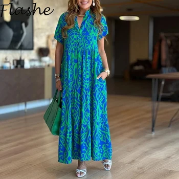 Summer V Neck Short Sleeve Maxi Dresses For Women Casual Printed Loose Beach Holiday Dress Plus Size Pocket Party Dress Robe
