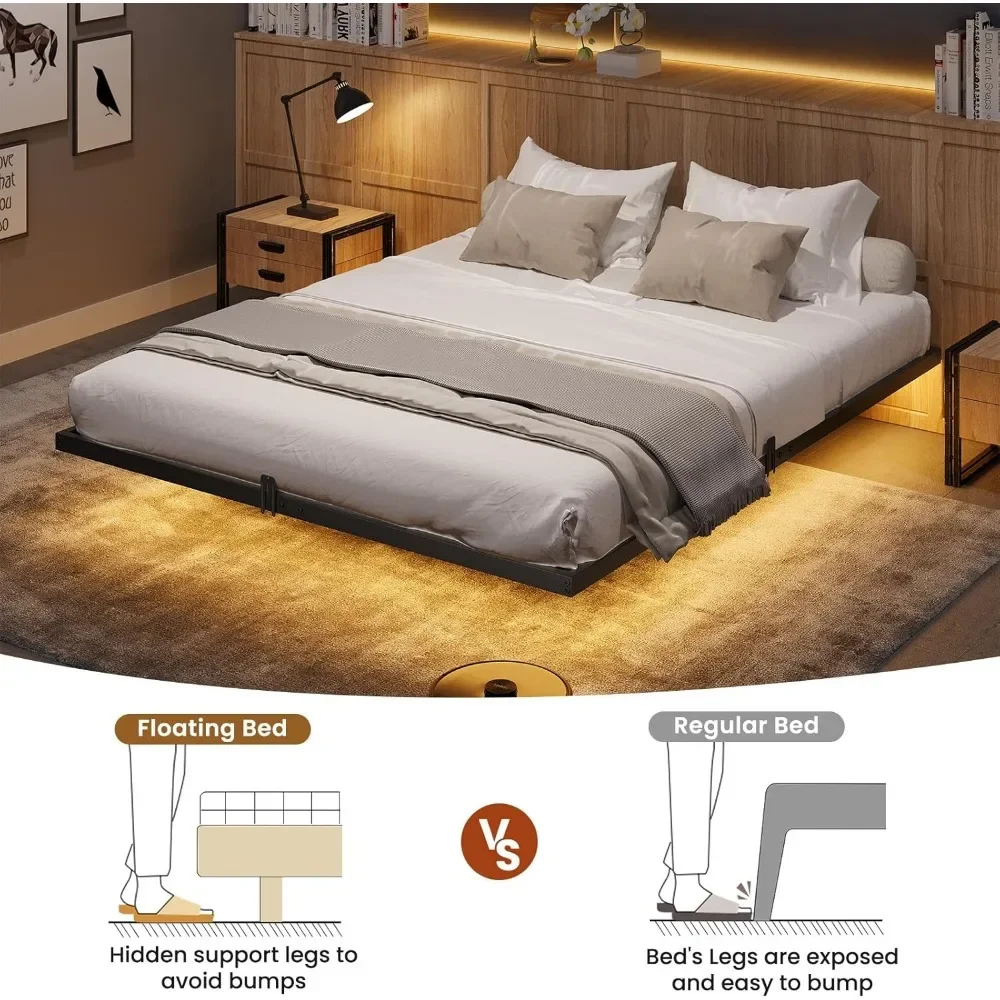 Queen Bed Frame with LED Lights, Metal Platform Bed with Heavy Duty Steel Slats and 4 Mattress Slide Stopper,Floating Bed Frame 3