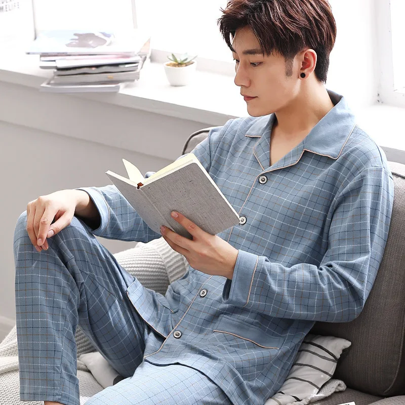 Pajama Sets Cotton Plus Size Men Pyjamas 2PCS/Set Long-Sleeved Cardigan Homewear Black Striped Plaid Sleepwear