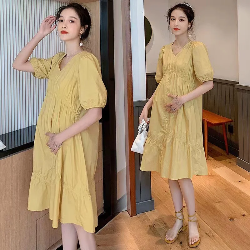 

New Women High Waist Clothes Wear Yellow Summer Maternity Dress V Neck Casual Loose Dresses Sweet Women Pregnant Clothing