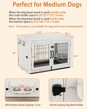 Piskyet Wooden Dog Crate Furniture with 360°Rotatable Removable Dog Bowls, Dog Crate End Table with Tray, Double Doors Kennels 2