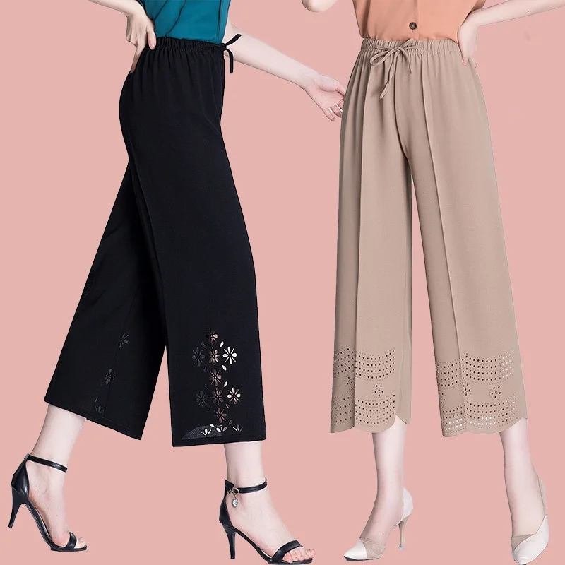 

New Fashion Woman Casual Wide Leg Pants Big Size Loose Solid Elastic Band High Waist Middle Aged Female Clothing Ninth Pants 5XL