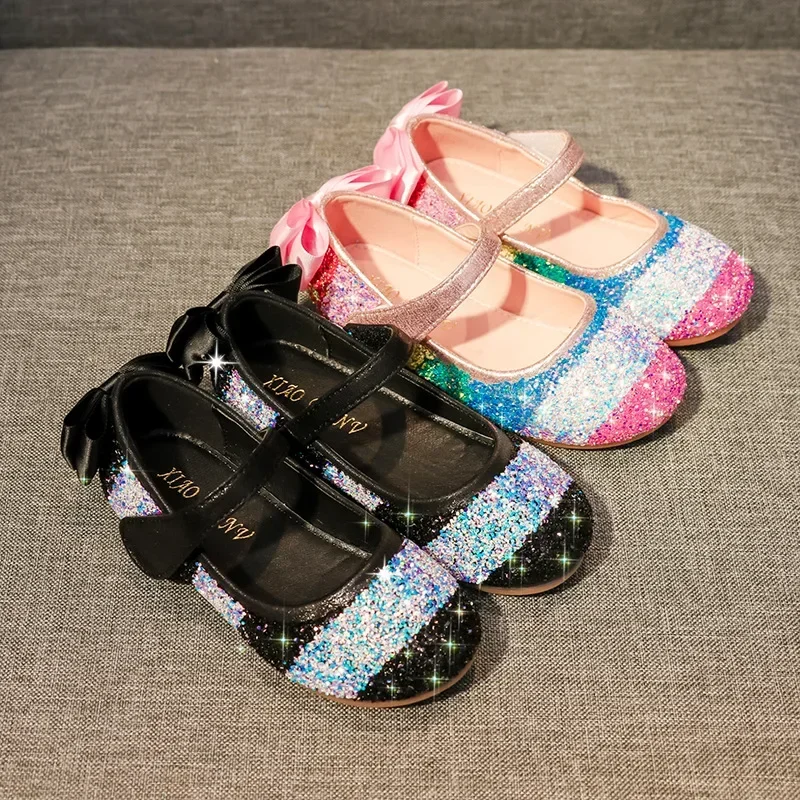 Girls leather shoes mary jane shoes spring soft sole rainbow sequins dress princess kids shoes